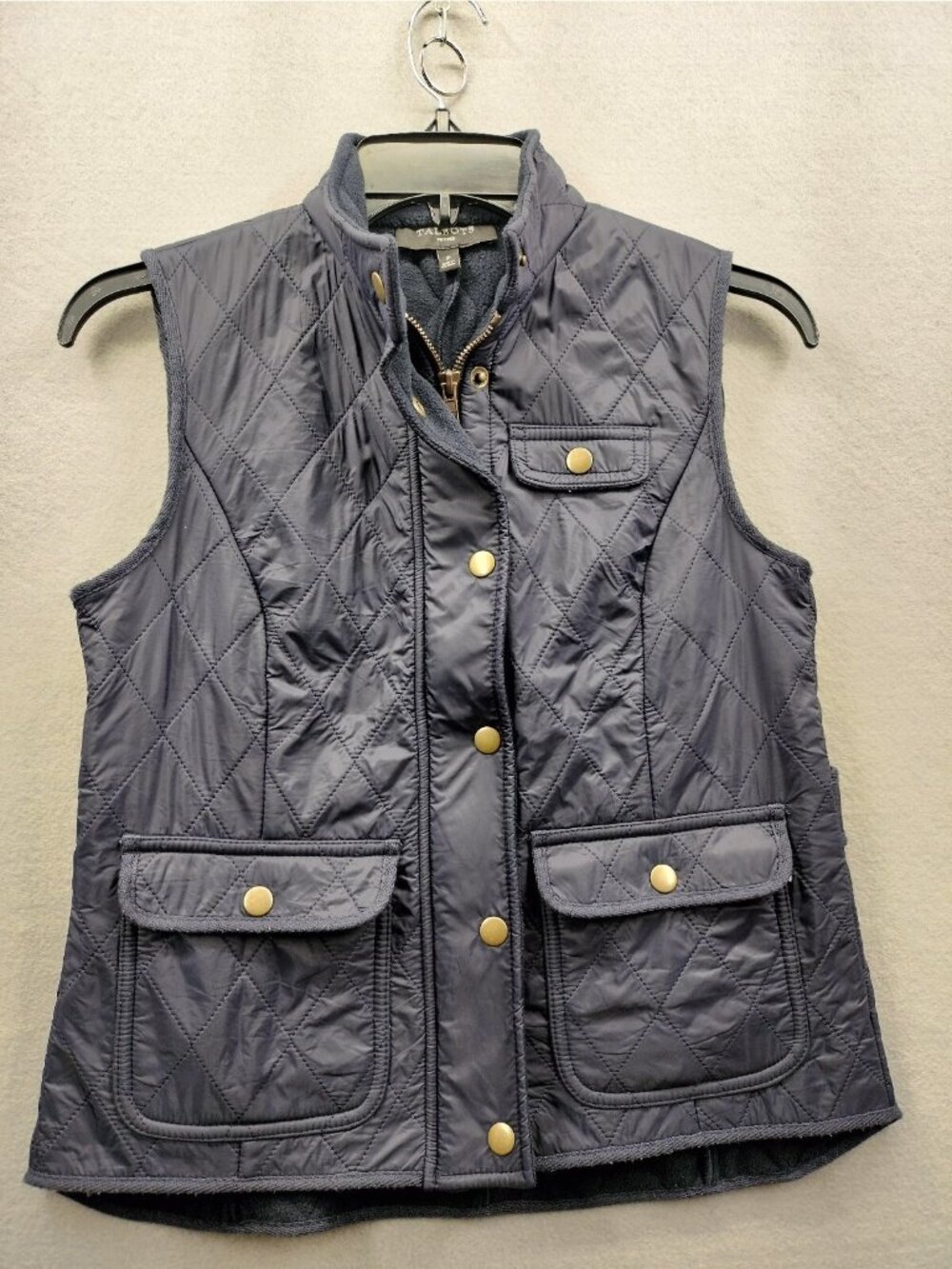 Talbots Vest Petite Diamond Quilted Navy Blue Fleece Lined Snap Button Gilet EUC